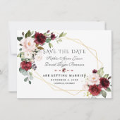 Eleganter Burgundy Blush Bloral Gold Frame Wedding Save The Date (Vorderseite)