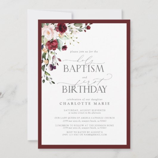 Eleganter Burgundy Blush Bloral Taufe 1. Geburtsta Einladung (Vorderseite)