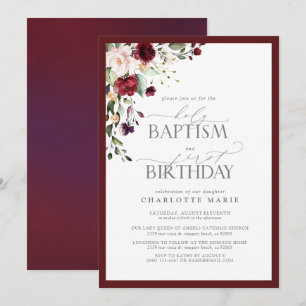 Eleganter Burgundy Blush Bloral Taufe 1. Geburtsta Einladung