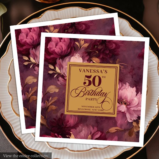 Eleganter Burgundy Blush Gold Rose 50. Geburtstag Serviette