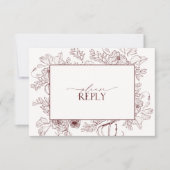 Eleganter Burgundy Floral Line Art Wedding QR Code RSVP Karte (Vorderseite)