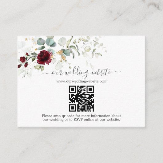 Eleganter Burgundy Floral QR Code Wedding Begleitkarte (Vorderseite)