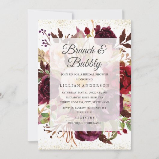 Eleganter Burgundy Gold Blubunch und Bubbly Einladung (Vorderseite)