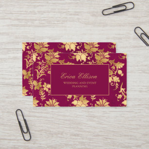 Eleganter Burgundy Gold Vintage Hochzeitsplaner Visitenkarte