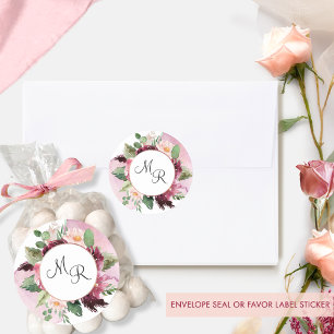Eleganter Burgundy Pink Floral Wedding Umschlag Au Runder Aufkleber