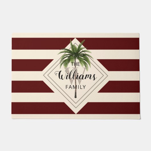 Eleganter Burgundy Script Monogram Tropical Beach Fußmatte (Vorderseite)