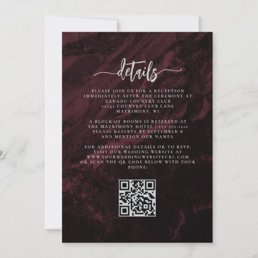 Eleganter Burgundy Silver Floral QR Code Hochzeit Einladung (Rückseite)