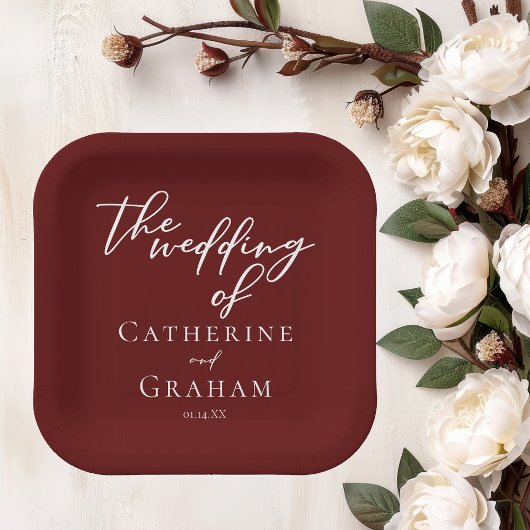 Eleganter Burgundy Typografy Abend Wedding Pappteller