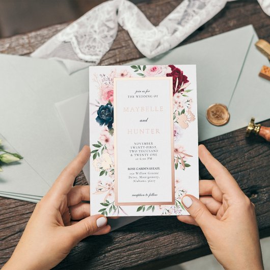 Eleganter Burgundy- und Navy-Aquarellrahmen Folieneinladung