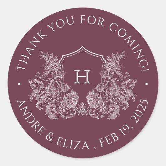 Eleganter Burgundy Wappen Monogram Wedding Sticker (Vorderseite)