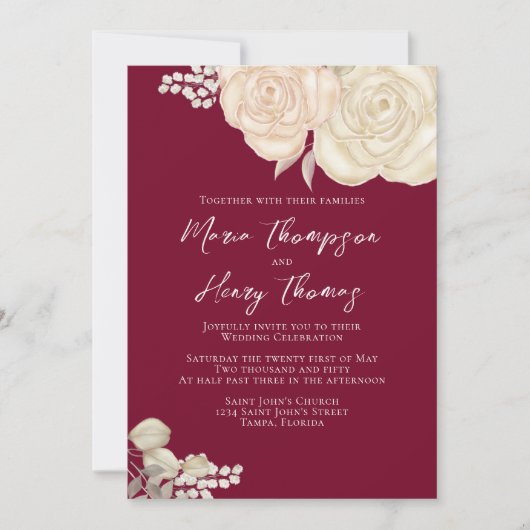 Eleganter Burgundy Watercolor Elfenbeinblume QR-Co Einladung (Vorderseite)