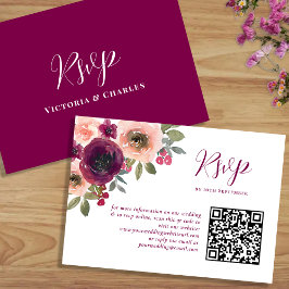 Eleganter Burgundy Watercolor Floral Qr-Code RSVP Karte