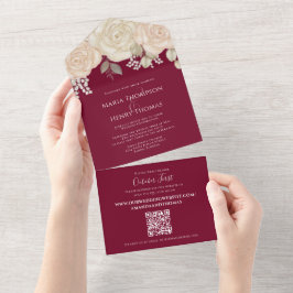 Eleganter Burgundy Watercolor Floral QR Code Websi All In One Einladung