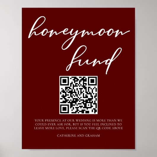 Eleganter Burgundy Wedding Honeymoon Fund QR Code Poster (Vorne)
