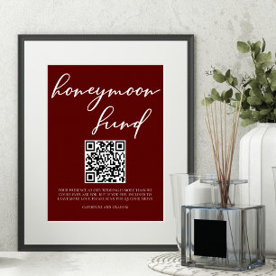 Eleganter Burgundy Wedding Honeymoon Fund QR Code Poster