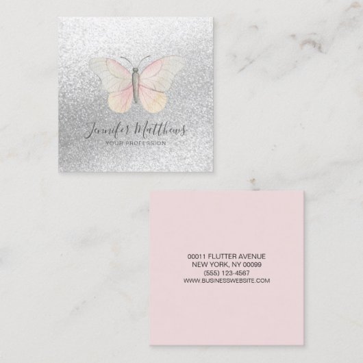 Eleganter Butterfly Glitzer Blush Quadratische Visitenkarte (Vorne/Hinten)