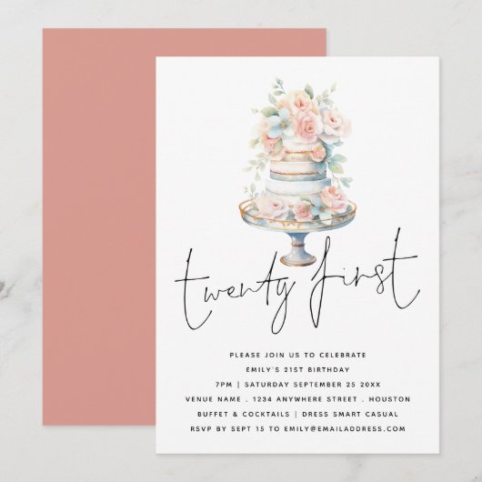 Eleganter Cake Dusty Pink Peach Script 21. Geburts Einladung (Vorne/Hinten)
