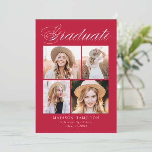 Eleganter Calligrafy Red 4 Foto Abschluss Ankündigung (Stehend Vorderseite)