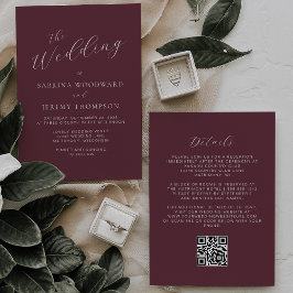 Eleganter Calligraphy Burgundy QR Code Wedding Einladung