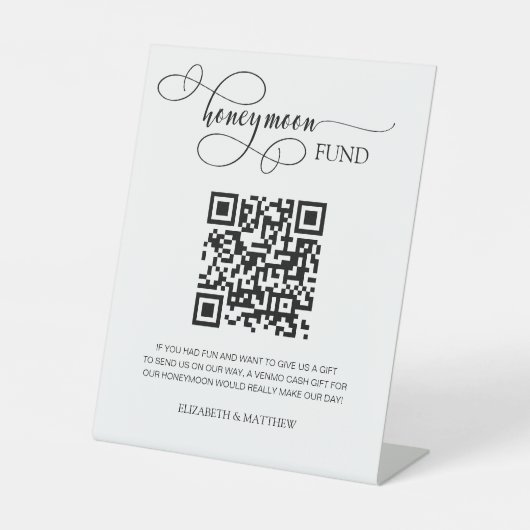 Eleganter Calligraphy Script Honeymoon Fund QR Cod Sockelschild (Vorderseite)