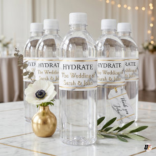 Eleganter Carrara-Marmor & Gold Hochzeits-Hydrange Wasserflaschenetikett
