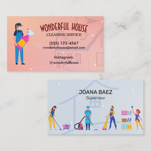 Eleganter Cartoon House Reinigungsservice Visitenkarte (Vorne/Hinten)
