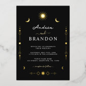 Eleganter Celestial Gold Moon & Sun QR Code Hochze Folieneinladung (Vorderseite)