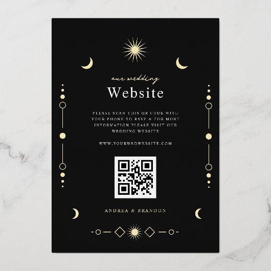 Eleganter Celestial Gold Moon & Sun QR Code Hochze Folieneinladung (Rückseite)