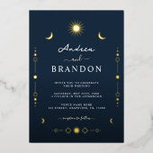 Eleganter Celestial Gold Moon & Sun QR Code Hochze Folieneinladung (Vorderseite)