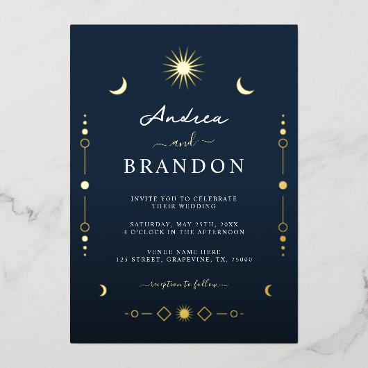 Eleganter Celestial Gold Moon & Sun QR Code Hochze Folieneinladung (Vorderseite)