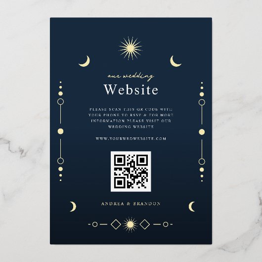 Eleganter Celestial Gold Moon & Sun QR Code Hochze Folieneinladung (Rückseite)