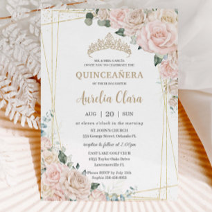 Eleganter Champagne Ivory Blush Floral Quinceñera Einladung