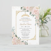 Eleganter Champagne Ivory Blush Floral Quinceñera Einladung (Stehend Vorderseite)