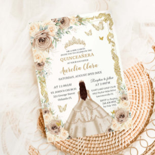 Eleganter Champagner Blumen Vintage Gold Quinceane Einladung