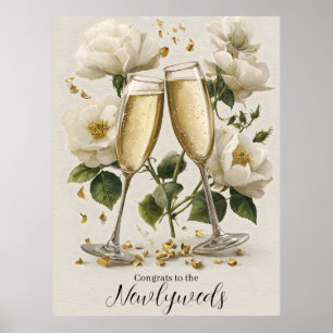 Eleganter Champagner Toast mit weißen Rosen Poster