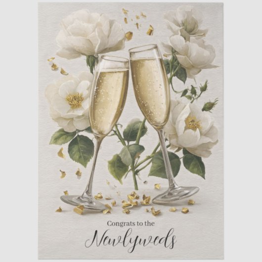 Eleganter Champagner Toast mit weißen Rosen Seidenpapier (Vorderseite)