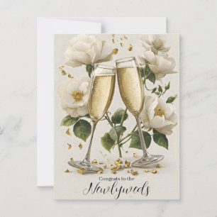Eleganter Champagner-Trinkspruch mit weißen Rosen Postkarte