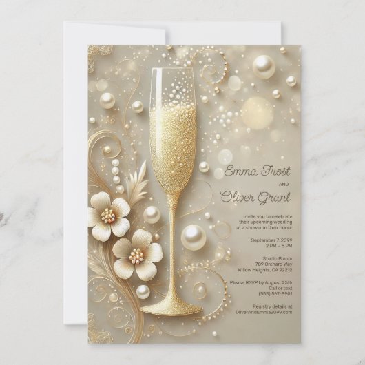 Eleganter Champagner und Pearl Polterabend Einladung (Vorderseite)
