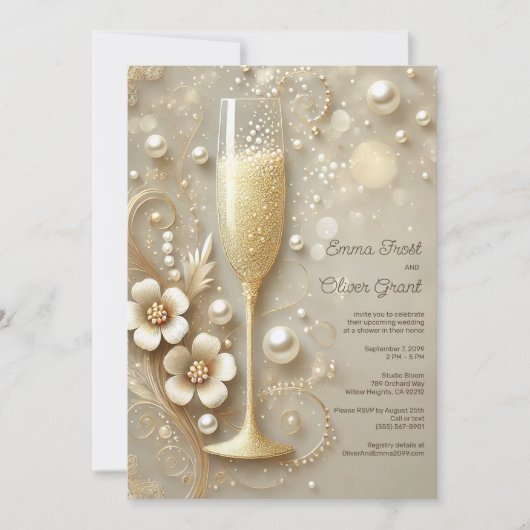 Eleganter Champagner und Pearl Polterabend Einladung (Vorderseite)