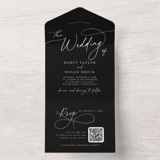 Eleganter Charm QR Code Black Wedding All In One Einladung (Innen Boden)
