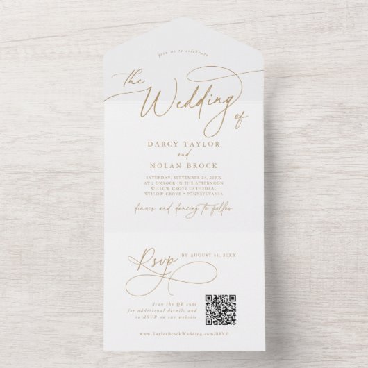 Eleganter Charm QR Code Gold Wedding All In One Einladung (Innen Boden)