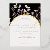 Eleganter Charm Wild Blume Arch | Schwarz & Gold Folieneinladung (Vorderseite)
