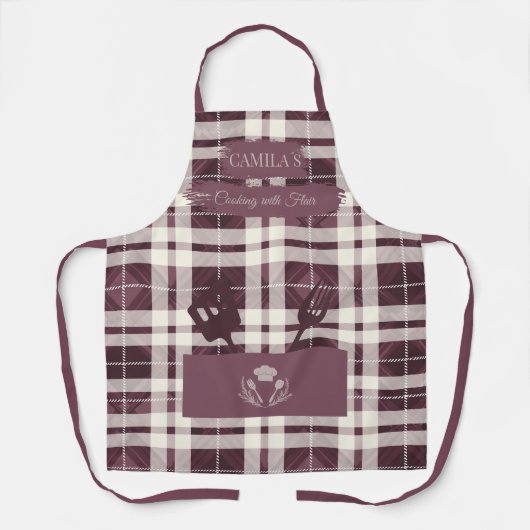 Eleganter Checkered Kariert in Burgundy Kochtools Schürze (Vorderseite)