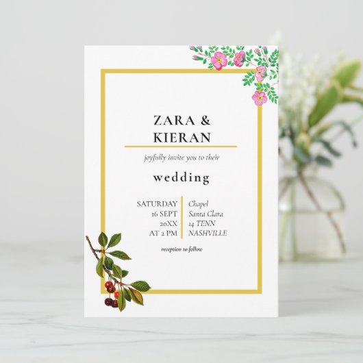 Eleganter Cherry Herbst floraler Goldrahmen Hochze Einladung (Stehend Vorderseite)