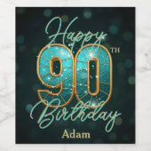 Eleganter Chic Aquamarin und Gold Metallic 90. Geb Weinetikett (Einzelnes Label)