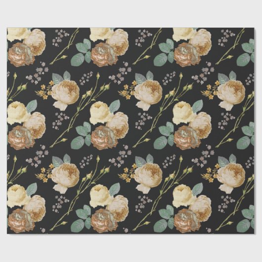 Eleganter Chic Beige Rose Bloral auf Schwarz Geschenkpapier (Flach)