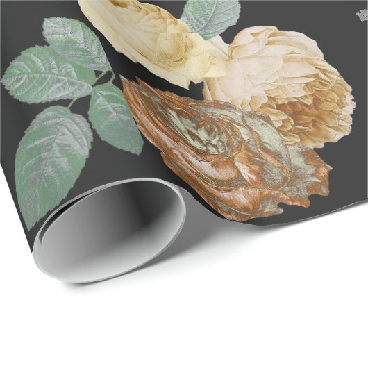 Eleganter Chic Beige Rose Bloral auf Schwarz Geschenkpapier (Rolleneckpunkt)