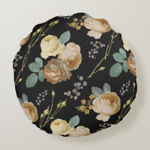 Eleganter Chic Beige Rose Bloral auf Schwarz Rundes Kissen