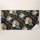 Eleganter Chic Beige Rose Bloral auf Schwarz Strandtuch (Vorderseite)
