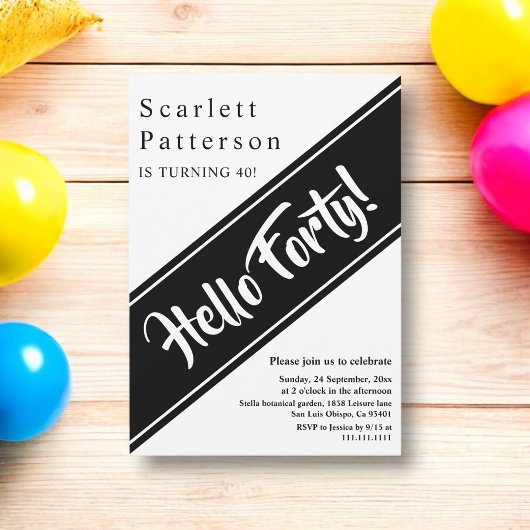 Eleganter Chic Black and White Modern 40. Geburtst Einladung